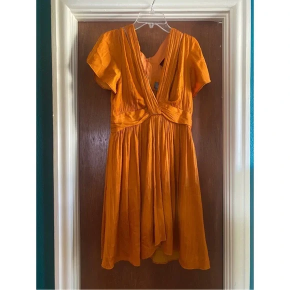 NWOT By Anthropologie Vibrant Orange V-Neck Mini Dress - Picture 2 of 6